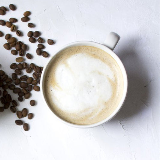 Latte with hot, freshly brewed espresso and hot steamed milk.