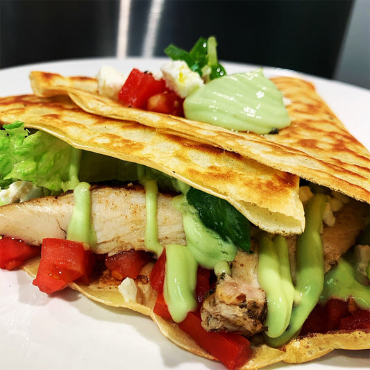 Crêpe filled with chicken, tomato, feta, romaine lettuce, and avocado tzatiki.