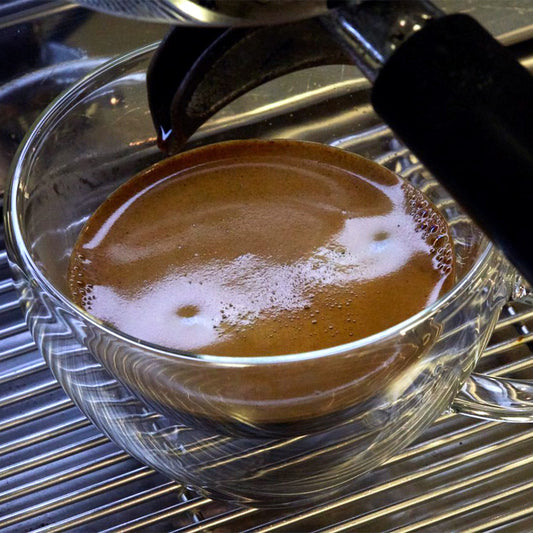 Single shot of espresso in mug on espresso machine.