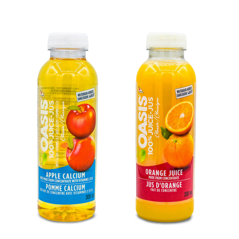 Two bottles of fruit juice, one orange and one apple.